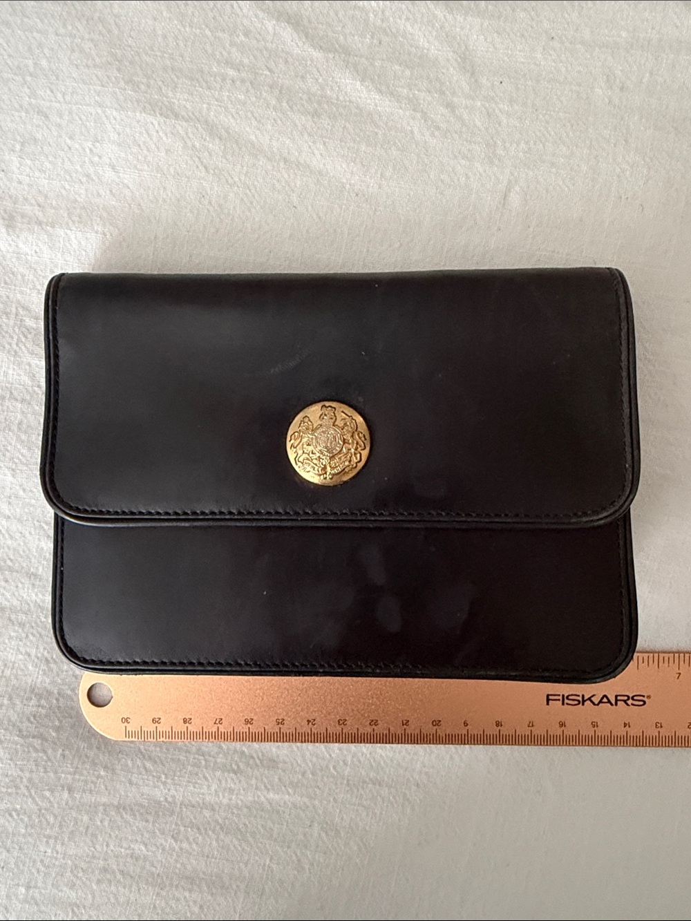 VTG Ralph Lauren Classic Black Leather clutch with Gold Medallion Accent